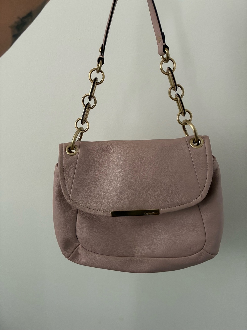 Calvin Klein Dusty Pink Leather Shoulder Bag with Chain Strap